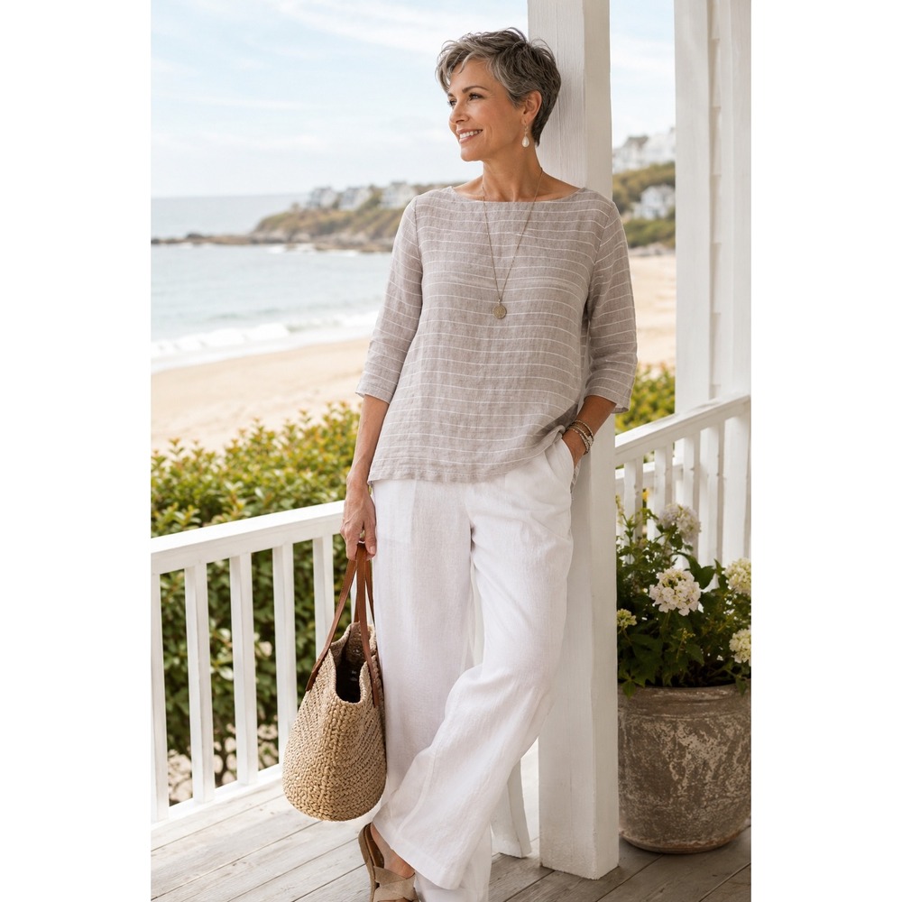 C&C California 100% Linen‎ Coastal Striped Boat Neck Top Beige Small